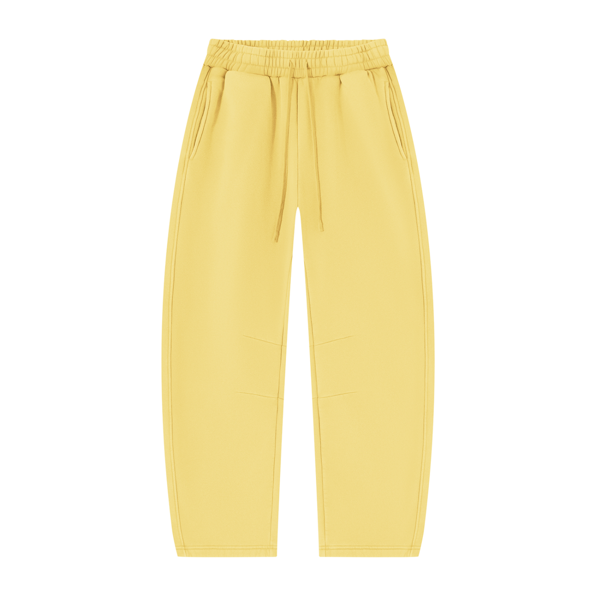 MIROLYUB Arc Vintage-Wash Barrel Fleece Pants in Light Yellow, front view.