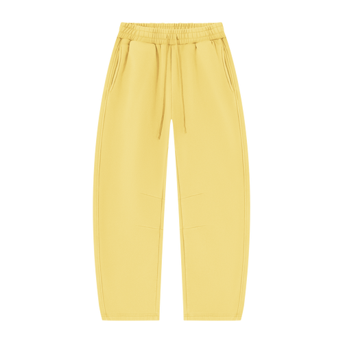 MIROLYUB Arc Vintage-Wash Barrel Fleece Pants in Light Yellow, front view.