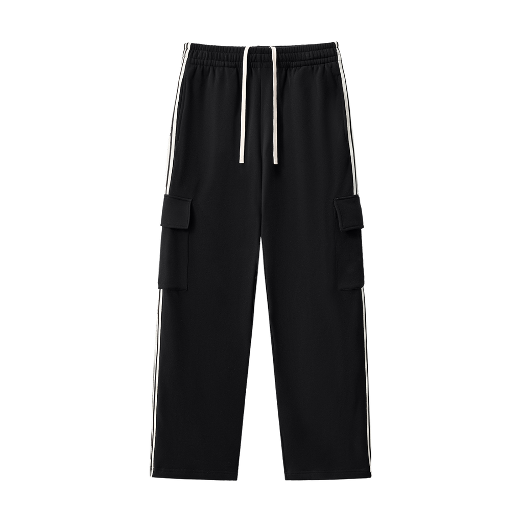 MIROLYUB Vector Side-Stripe Straight-Leg Pants in Black, front view.