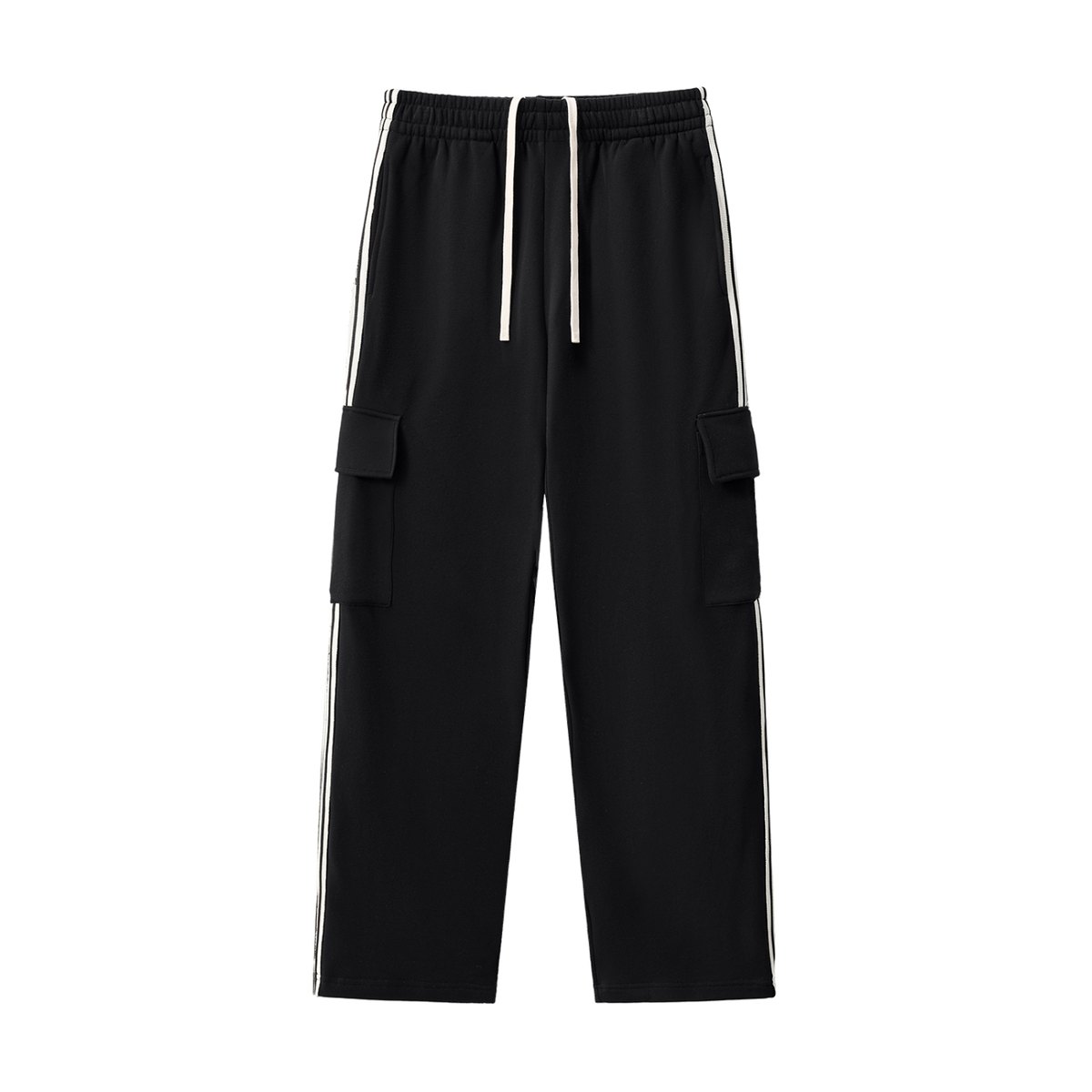 MIROLYUB Vector Side-Stripe Straight-Leg Pants in Black, front view.