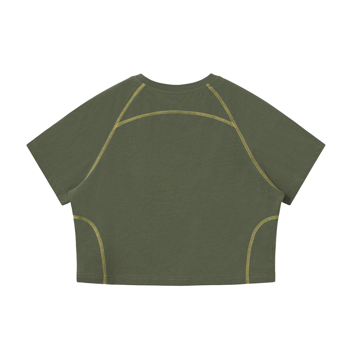 MIROLYUB Women's Contrast Stitch Raglan Crop T-Shirt — Army Green — back view