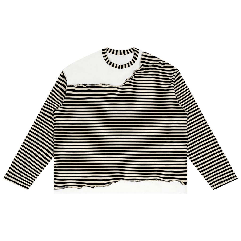 MIROLYUB Unisex Striped Panel Boxy Long Sleeve T-Shirt — Apricot with Black, front view