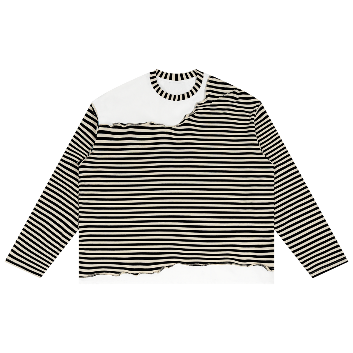 MIROLYUB Unisex Striped Panel Boxy Long Sleeve T-Shirt — Apricot with Black, front view