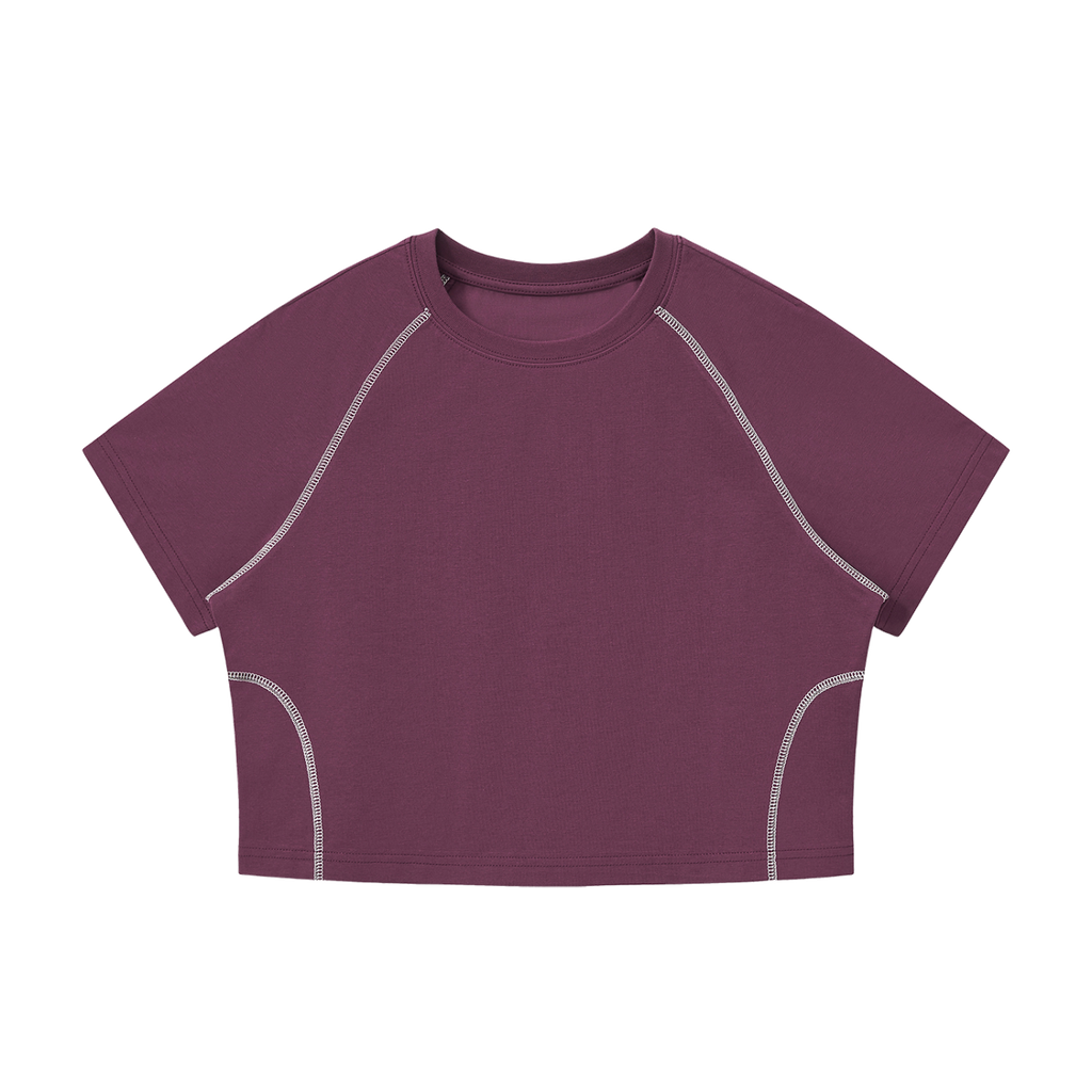 MIROLYUB Women's Contrast Stitch Raglan Crop T-Shirt — Plum Purple — front view