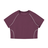 MIROLYUB Women's Contrast Stitch Raglan Crop T-Shirt — Plum Purple — front view