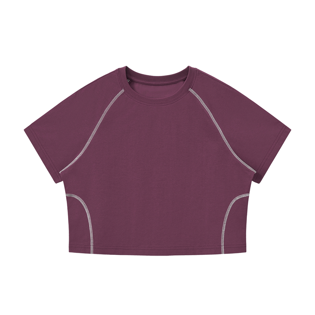 MIROLYUB Women's Contrast Stitch Raglan Crop T-Shirt — Plum Purple — front view