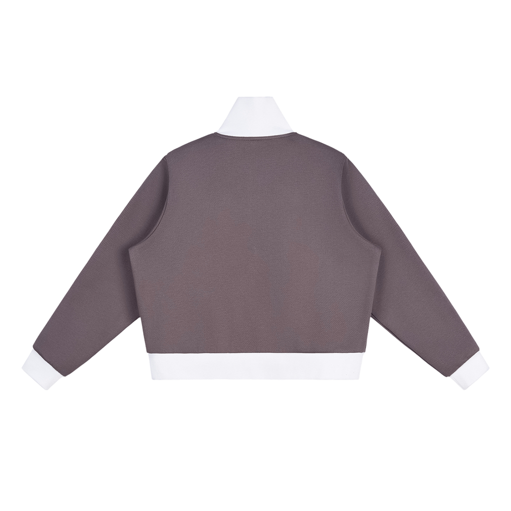 MIROLYUB Parallel cropped stripe track jacket in Plum Purple, back view.
