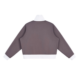 MIROLYUB Parallel cropped stripe track jacket in Plum Purple, back view.