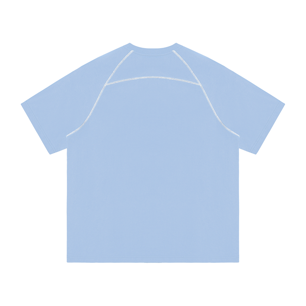 MIROLYUB Offbeat Contrast-Stitch Raglan Tee in Sky Blue, back view.