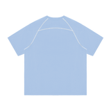 MIROLYUB Offbeat Contrast-Stitch Raglan Tee in Sky Blue, back view.