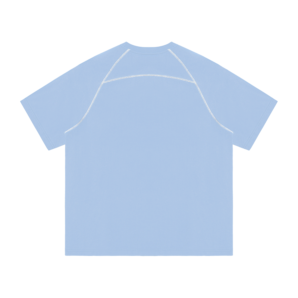 MIROLYUB Offbeat Contrast-Stitch Raglan Tee in Sky Blue, back view.