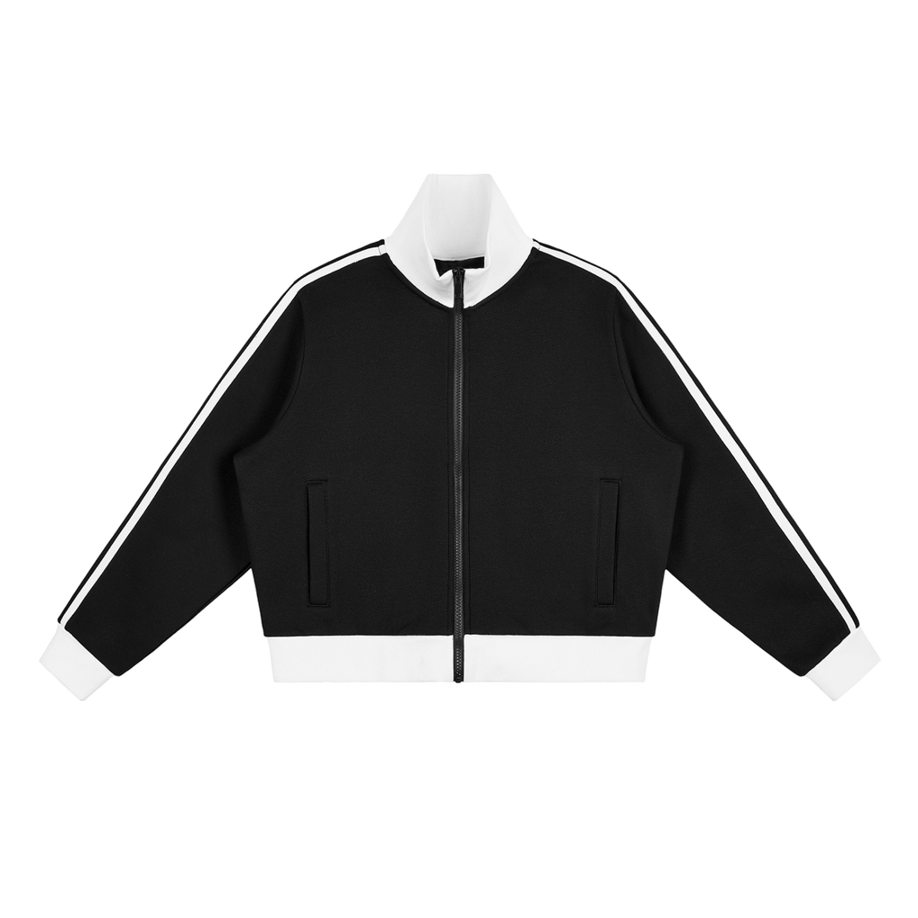 MIROLYUB Parallel cropped stripe track jacket in Black, front view.