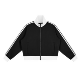 MIROLYUB Parallel cropped stripe track jacket in Black, front view.