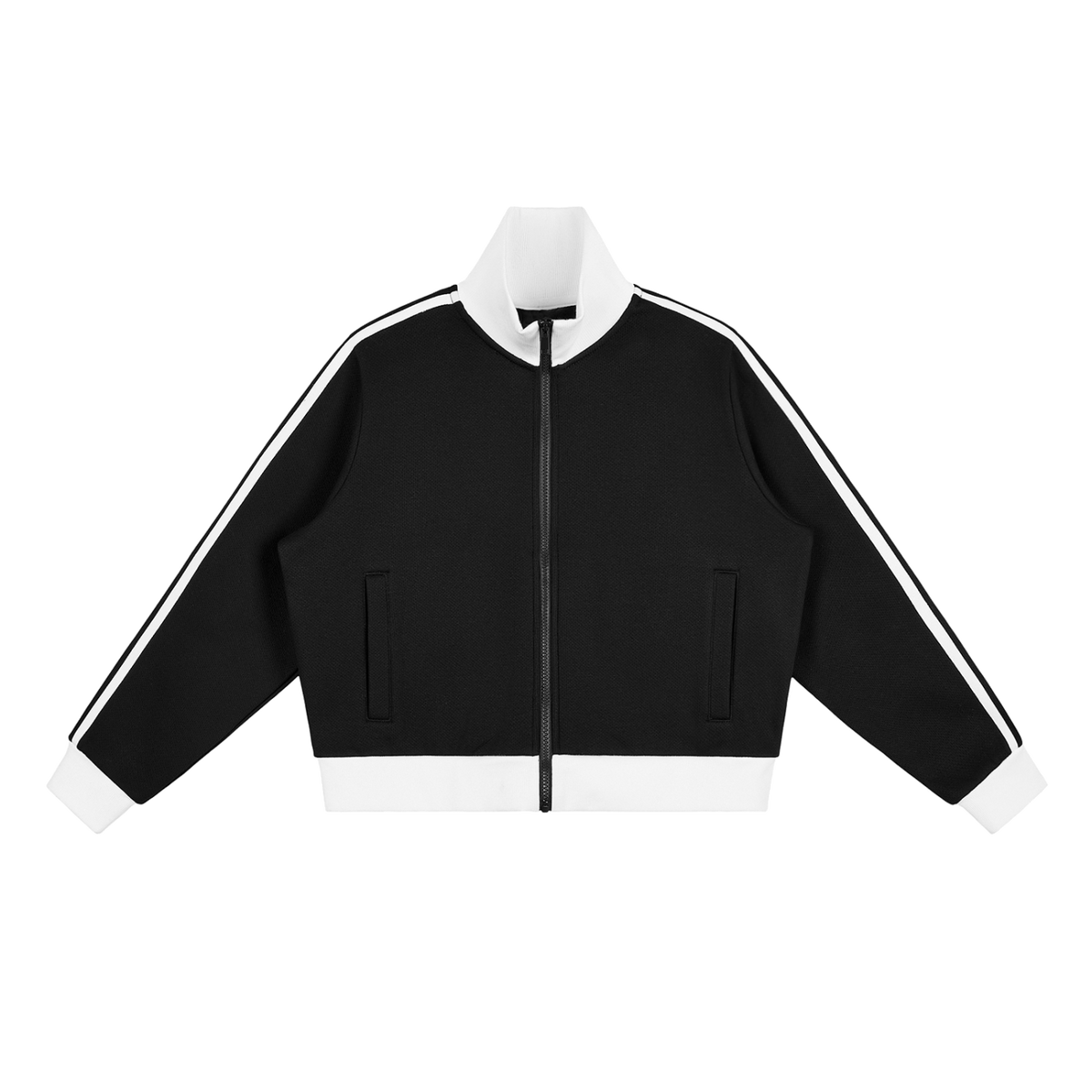 MIROLYUB Parallel cropped stripe track jacket in Black, front view.