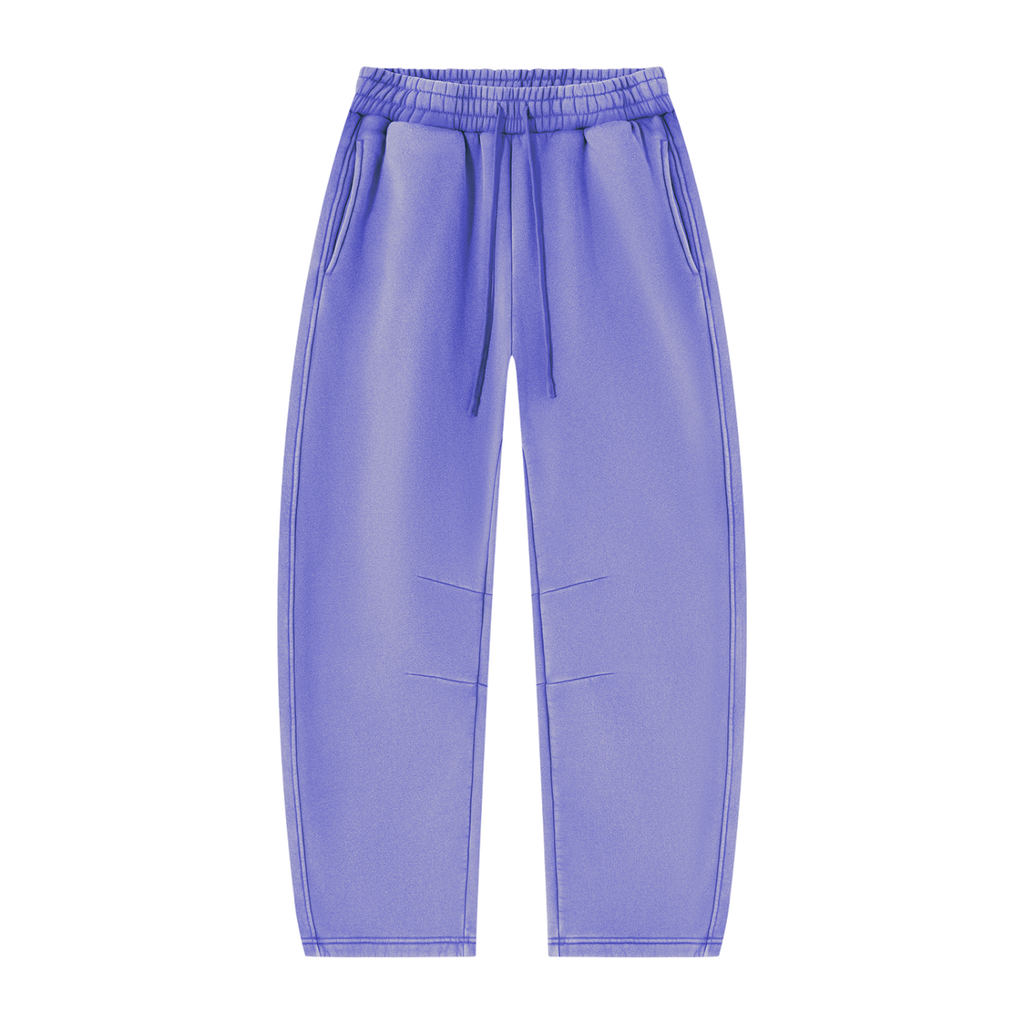 MIROLYUB Arc Vintage-Wash Barrel Fleece Pants in Purple, front view.