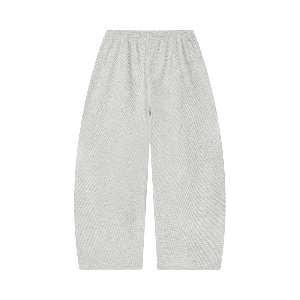 MIROLYUB Tessera waffle barrel pants in Oat Gray, back view.