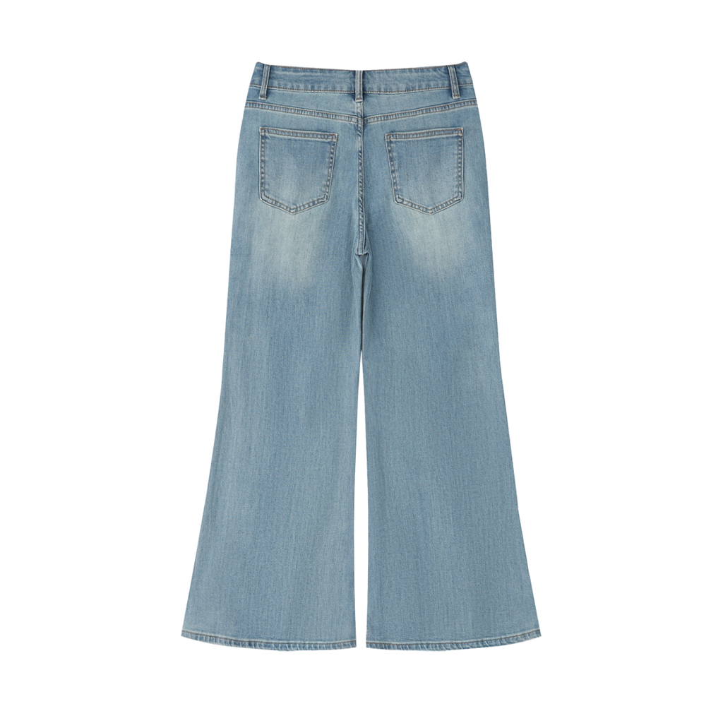 MIROLYUB Diverge flare-leg jeans in Blue, back view