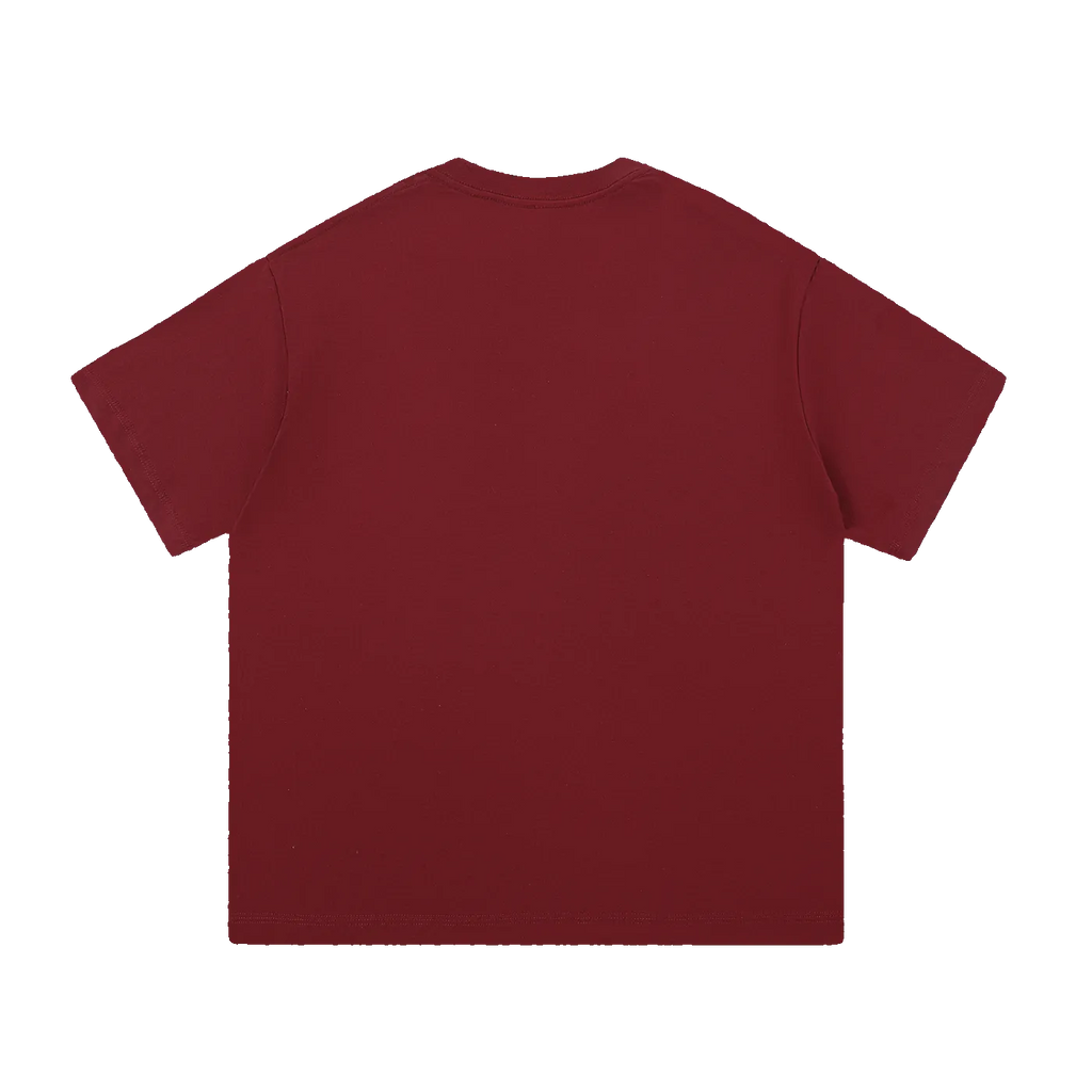 MIROLYUB Still Heavy Cotton Tee in Wine Red, back view.