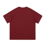 MIROLYUB Still Heavy Cotton Tee in Wine Red, back view.