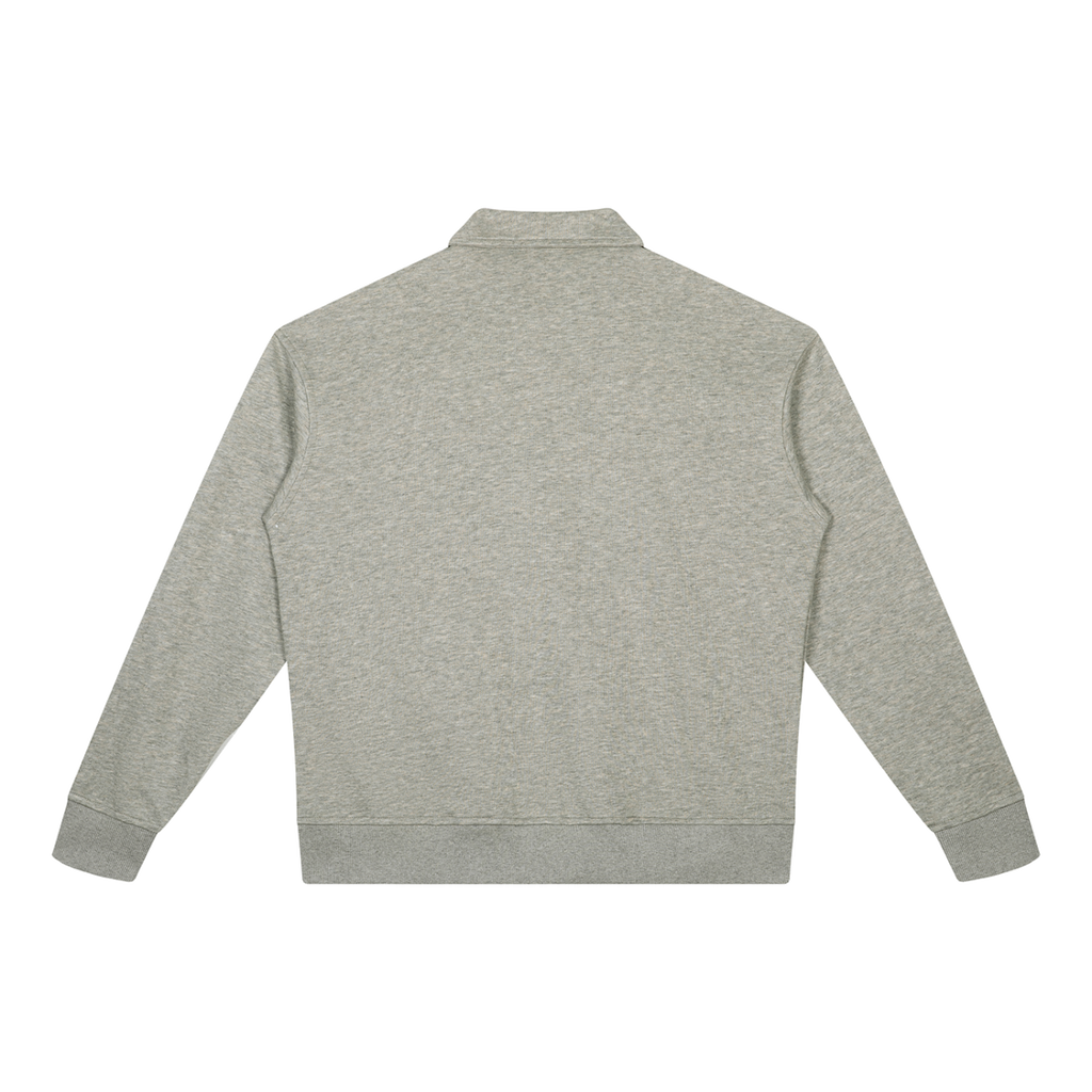 MIROLYUB Aperture boxy quarter-zip sweatshirt in Oat Gray, back view.