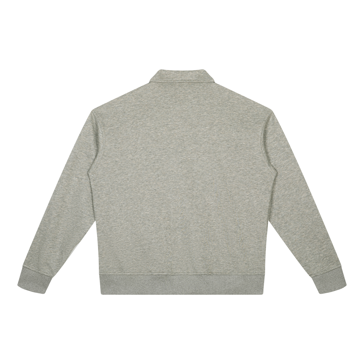 MIROLYUB Aperture boxy quarter-zip sweatshirt in Oat Gray, back view.