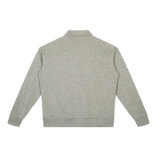MIROLYUB Aperture boxy quarter-zip sweatshirt in Oat Gray, back view.