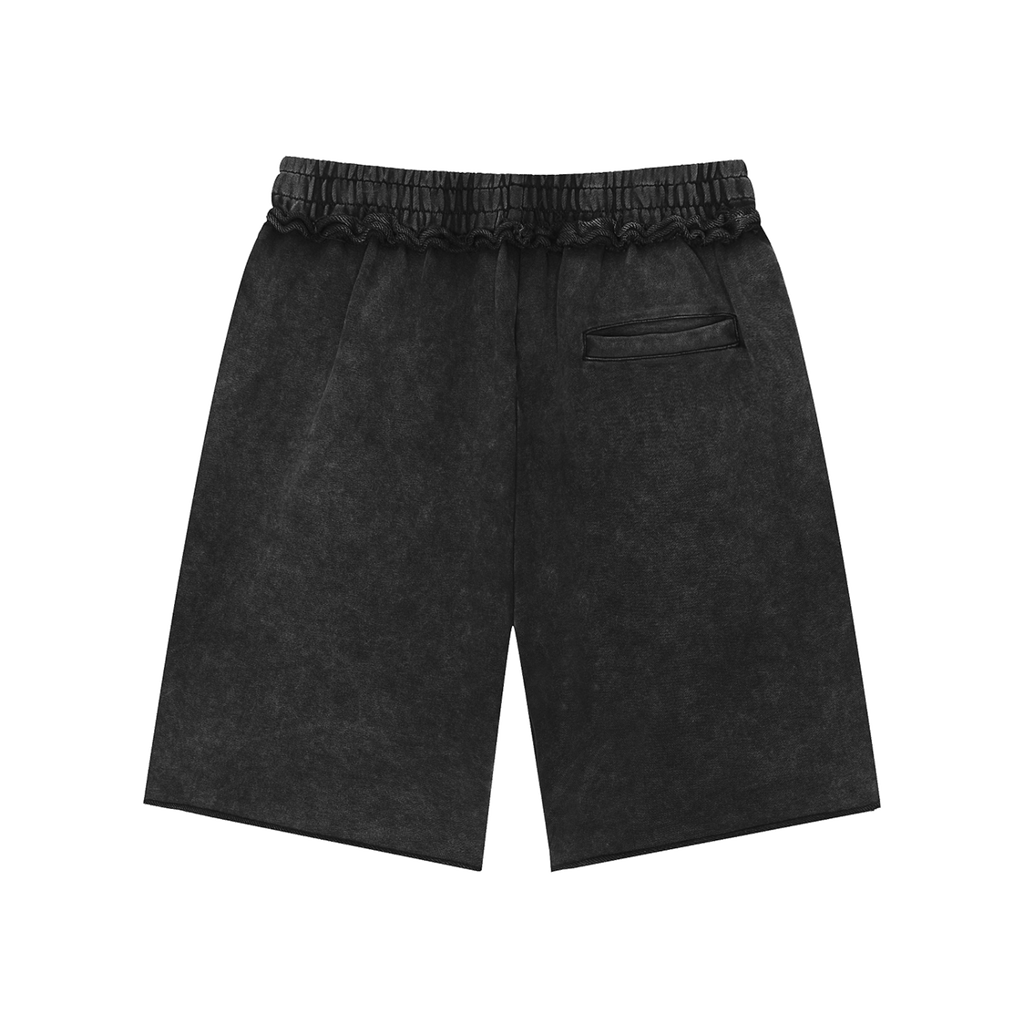 MIROLYUB Unisex Mineral Wash Raw Edge Shorts — Black, back view