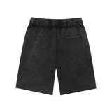 MIROLYUB Unisex Mineral Wash Raw Edge Shorts — Black, back view