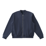 MIROLYUB Nocturne fleece zip varsity jacket in Dark Blue, front view.