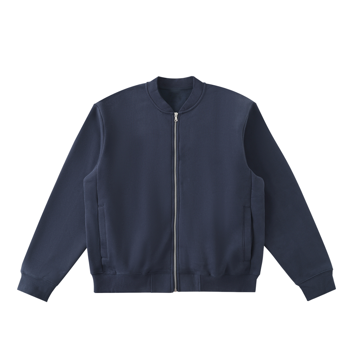 MIROLYUB Nocturne fleece zip varsity jacket in Dark Blue, front view.