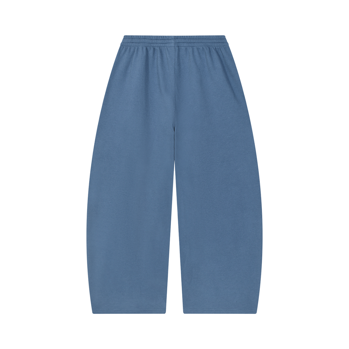 MIROLYUB Tessera waffle barrel pants in Jeans Blue, back view.