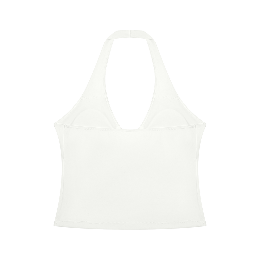 MIROLYUB Women’s Ruched Halter Yoga Tank Top — White, back view