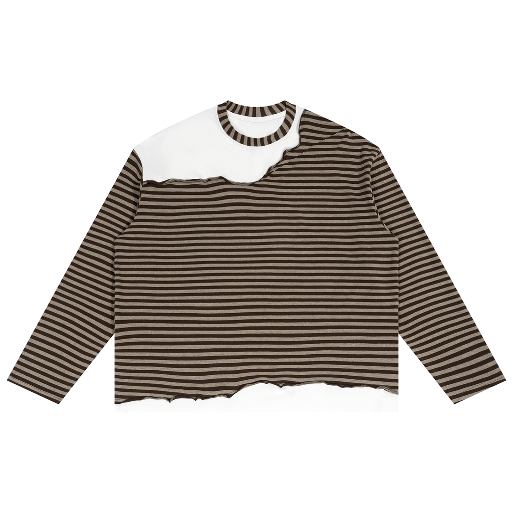 MIROLYUB Unisex Striped Panel Boxy Long Sleeve T-Shirt — Coffee with Gray, front view