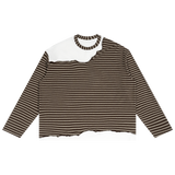 MIROLYUB Unisex Striped Panel Boxy Long Sleeve T-Shirt — Coffee with Gray, front view