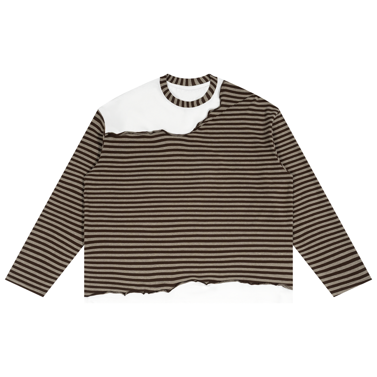 MIROLYUB Unisex Striped Panel Boxy Long Sleeve T-Shirt — Coffee with Gray, front view