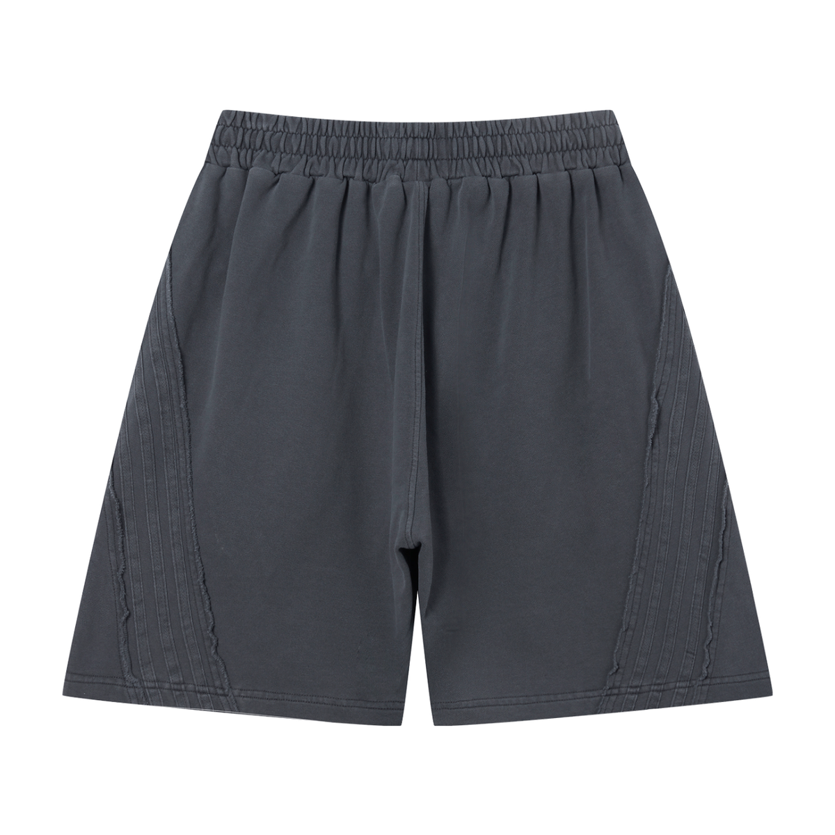 MIROLYUB Unisex Vintage Wash Raw Edge Shorts — Dark Gray, back view