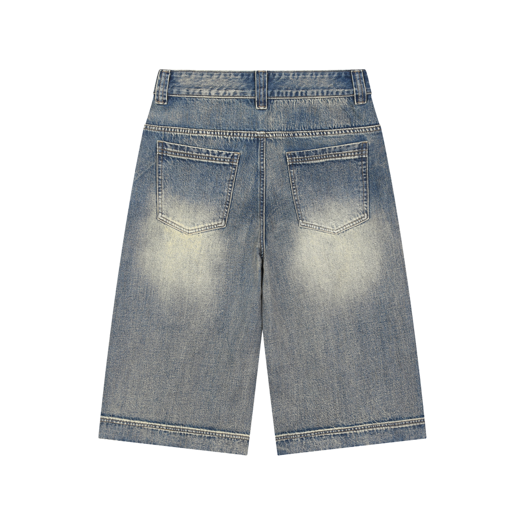 MIROLYUB Low Tide Baggy Denim Shorts in Blue, back view.