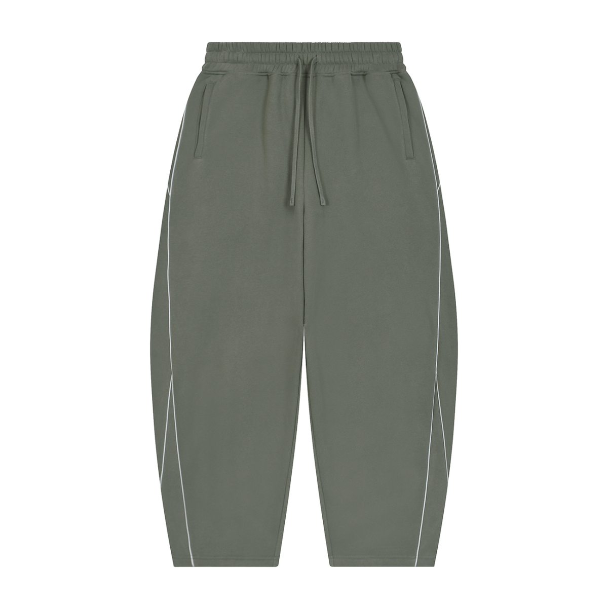 MIROLYUB Trace Piping Barrel Fleece Pants in Medium Gray, front view.