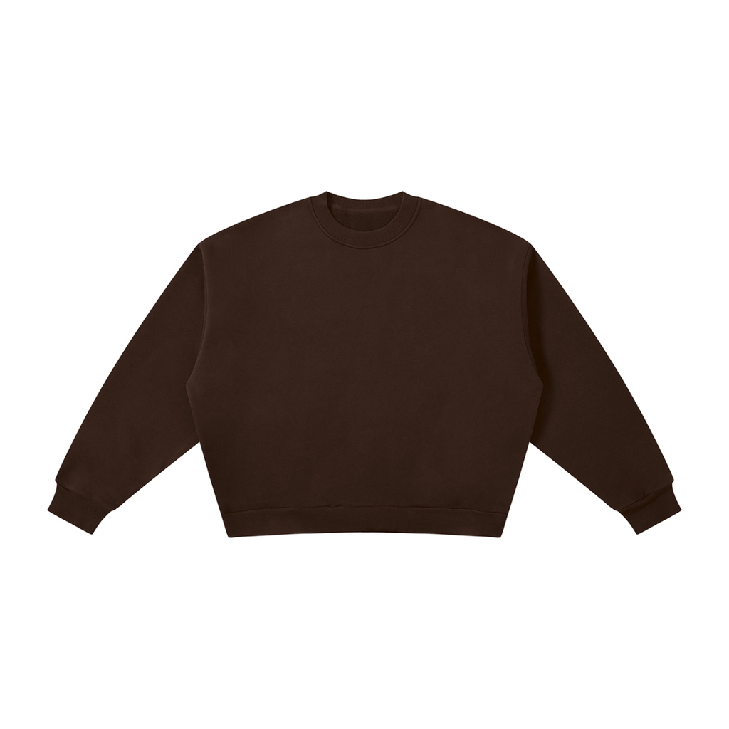 MIROLYUB Meridian boxy fleece crewneck in Coffee, front view.
