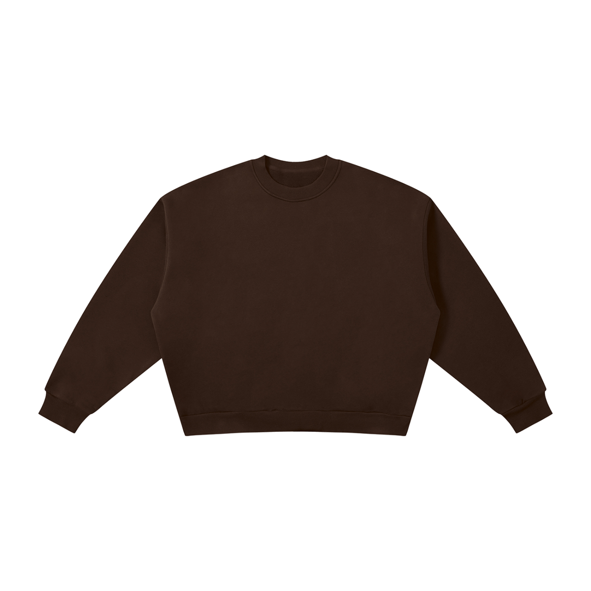 MIROLYUB Meridian boxy fleece crewneck in Coffee, front view.