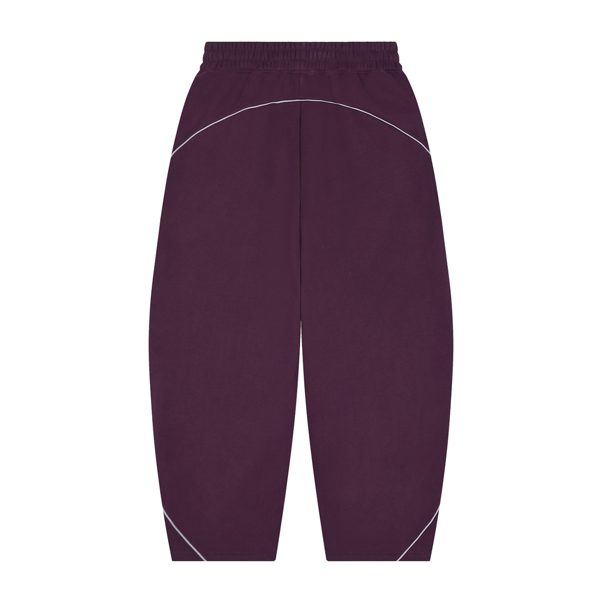 MIROLYUB Trace Piping Barrel Fleece Pants in Plum Purple, back view.