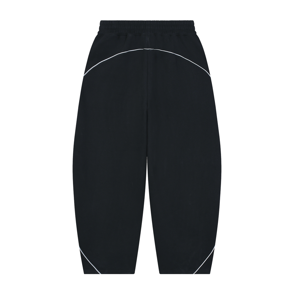MIROLYUB Trace Piping Barrel Fleece Pants in Black, back view.