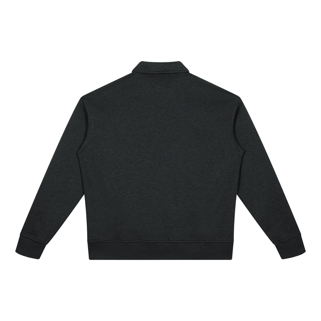 MIROLYUB Aperture boxy quarter-zip sweatshirt in Black, back view.