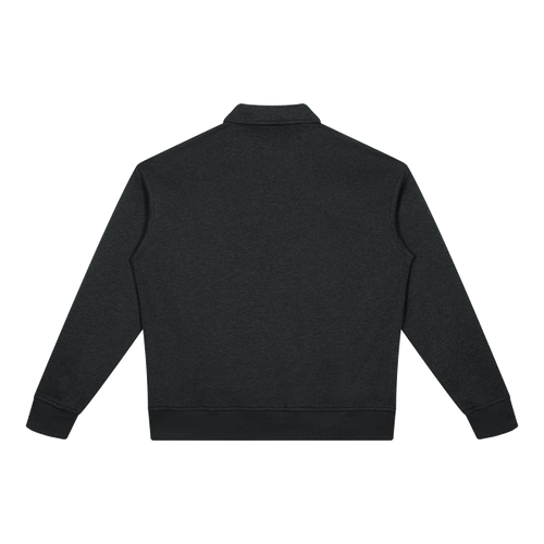 MIROLYUB Aperture boxy quarter-zip sweatshirt in Black, back view.