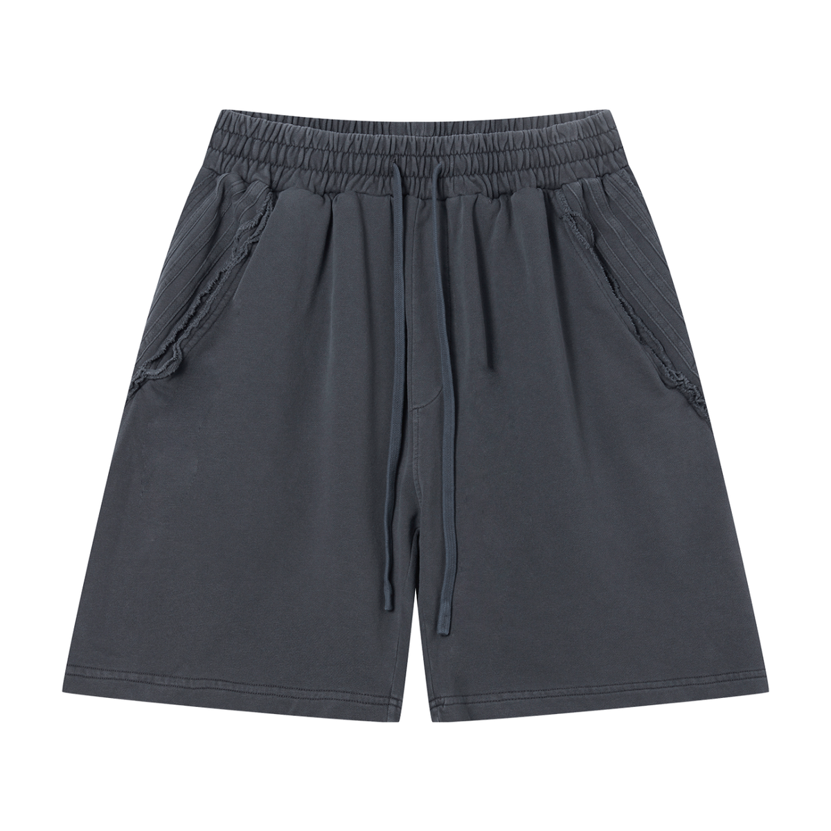 MIROLYUB Unisex Vintage Wash Raw Edge Shorts — Dark Gray, front view