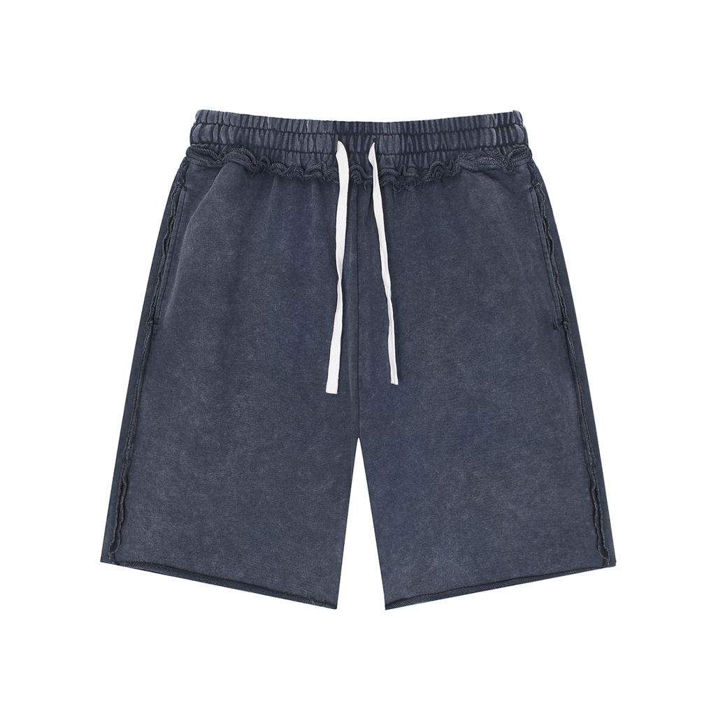 MIROLYUB Unisex Mineral Wash Raw Edge Shorts — Navy Blue, front view