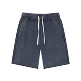 MIROLYUB Unisex Mineral Wash Raw Edge Shorts — Navy Blue, front view