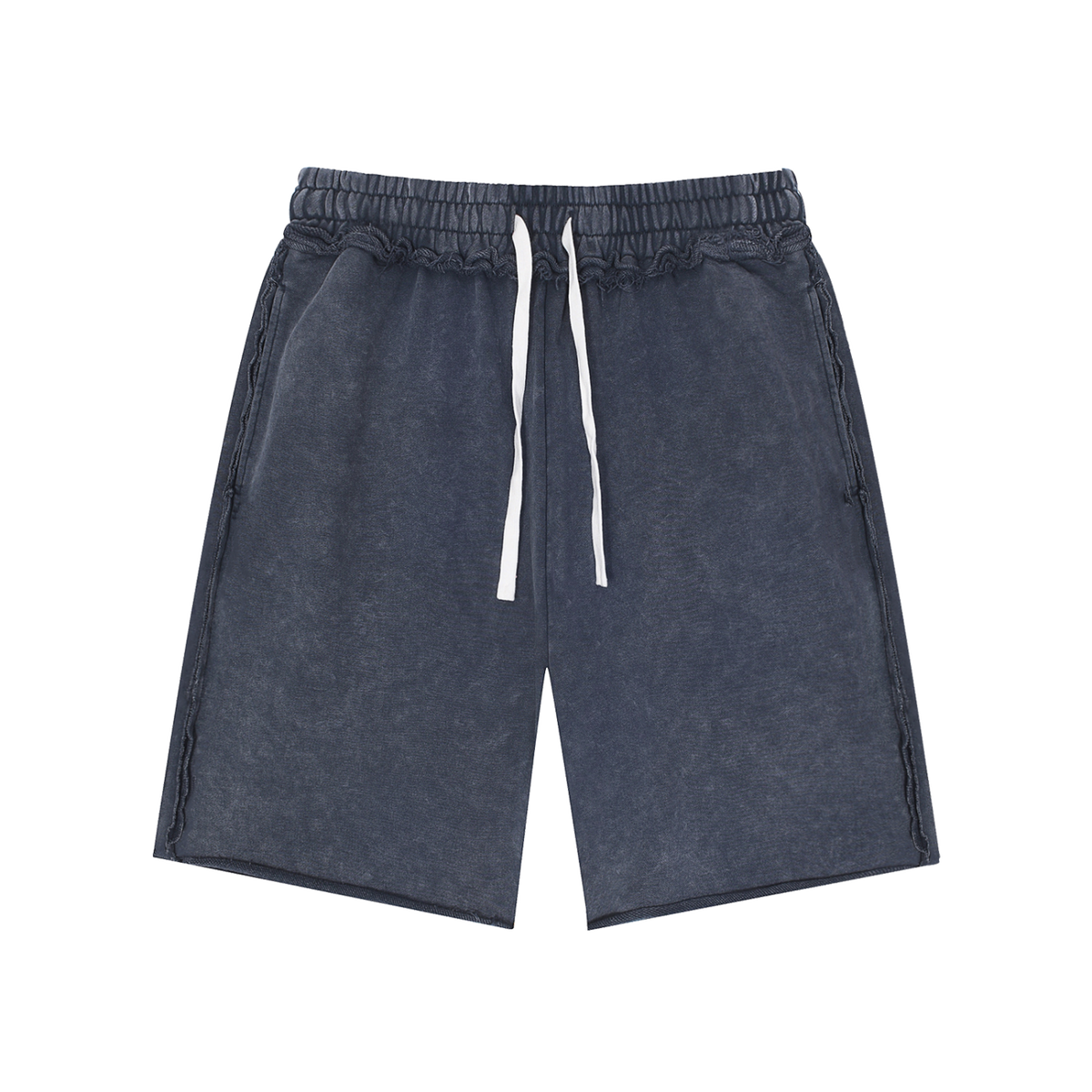 MIROLYUB Unisex Mineral Wash Raw Edge Shorts — Navy Blue, front view