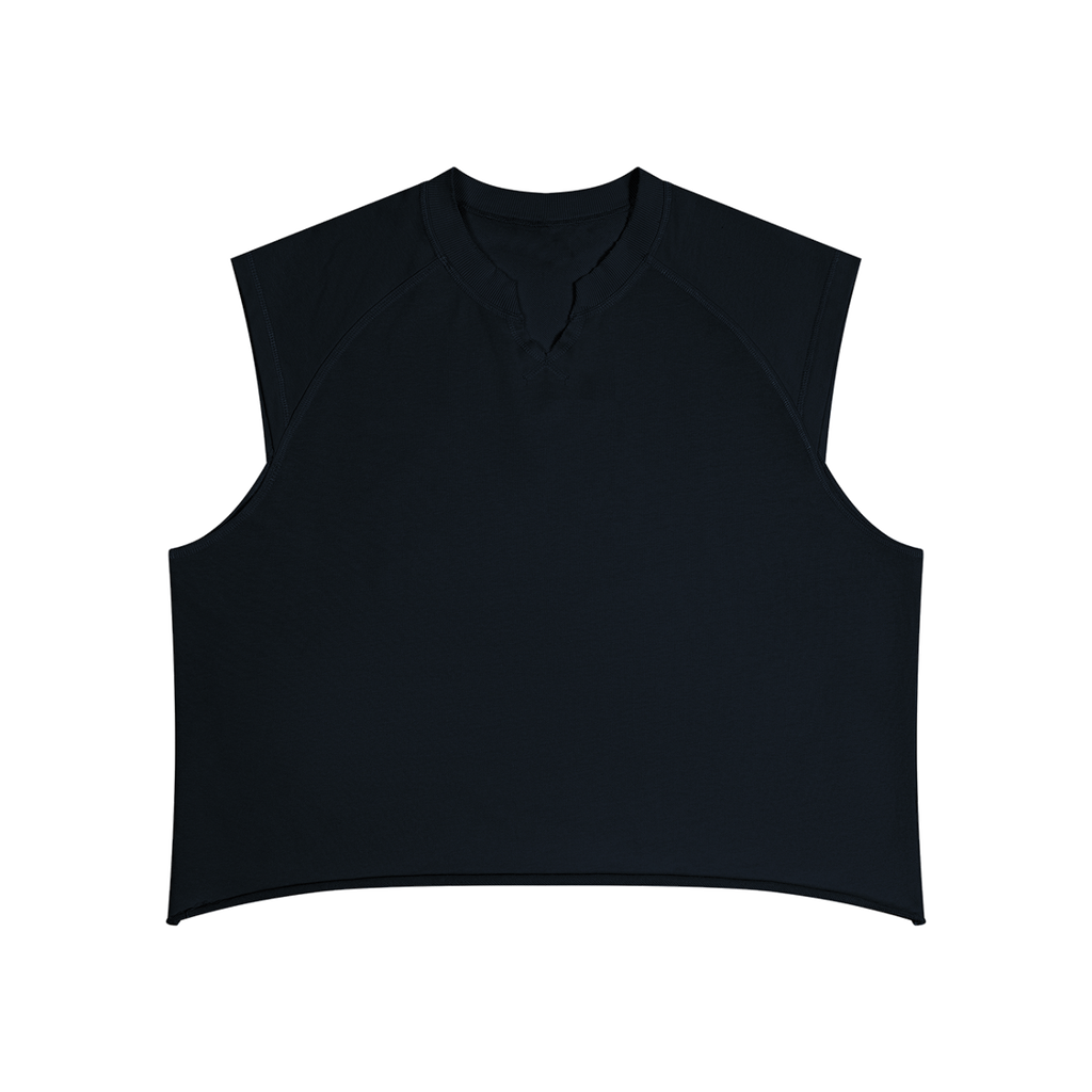 MIROLYUB Ravel raw-hem boxy tank in Black, front view.