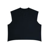 MIROLYUB Ravel raw-hem boxy tank in Black, front view.